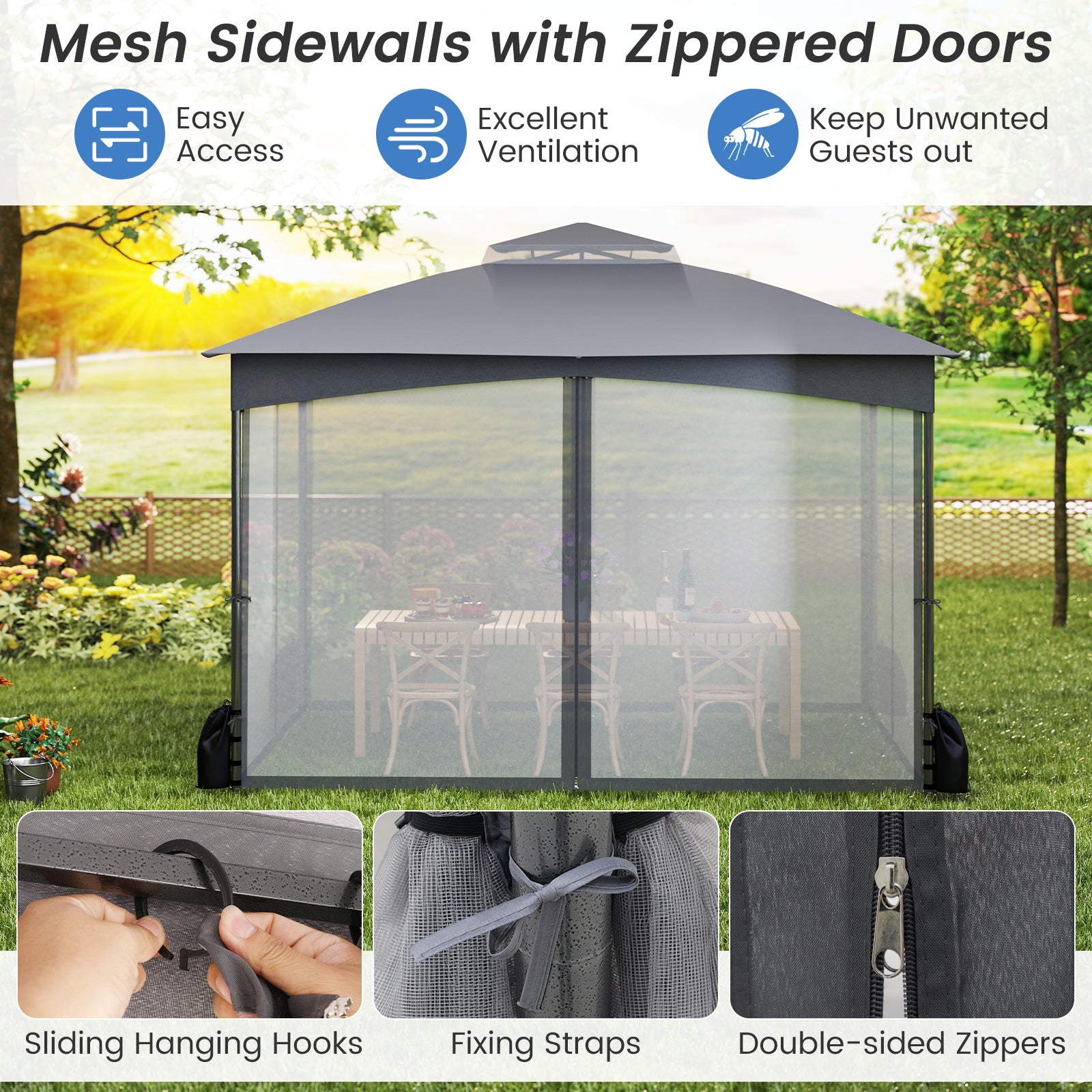 10 X 12 FT Patio Gazebo, With Netting Walls And 4 Sandbags, Gray Gazebos at Gallery Canada