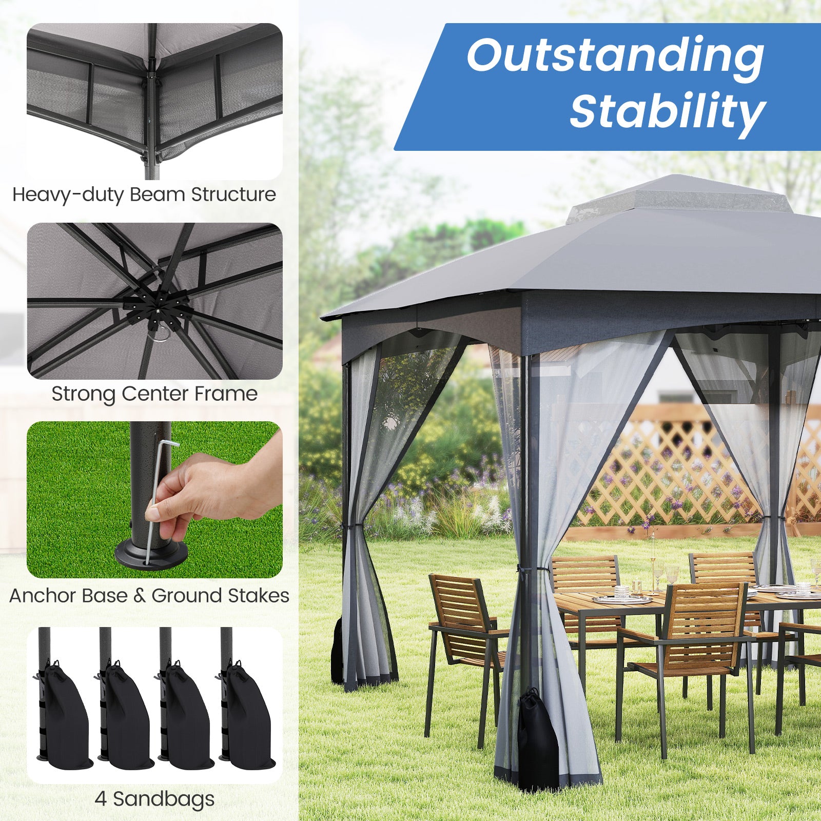 10 X 12 FT Patio Gazebo, With Netting Walls And 4 Sandbags, Gray Gazebos at Gallery Canada