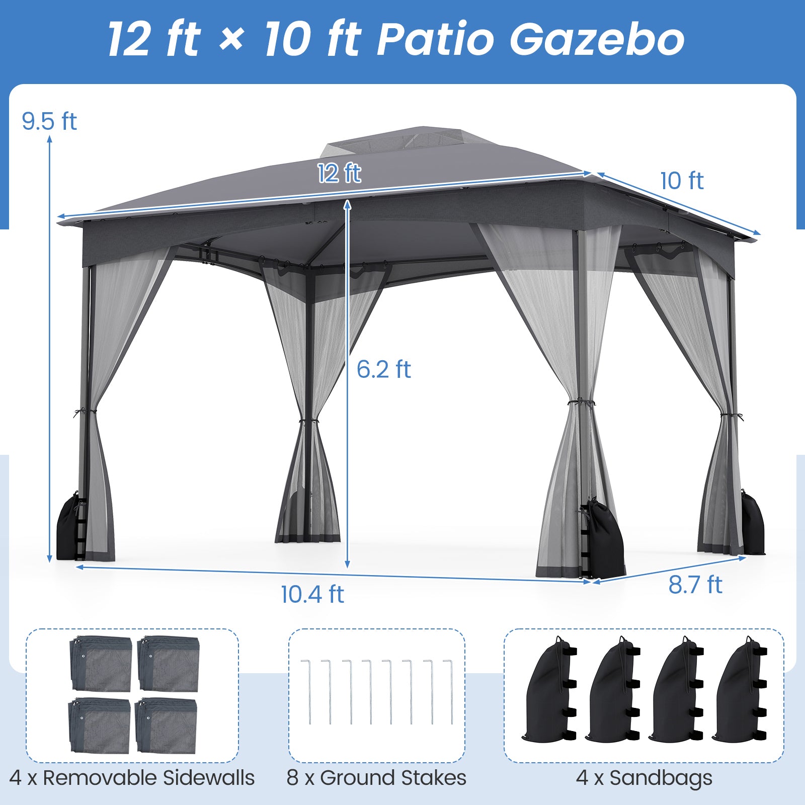 10 X 12 FT Patio Gazebo, With Netting Walls And 4 Sandbags, Gray Gazebos at Gallery Canada