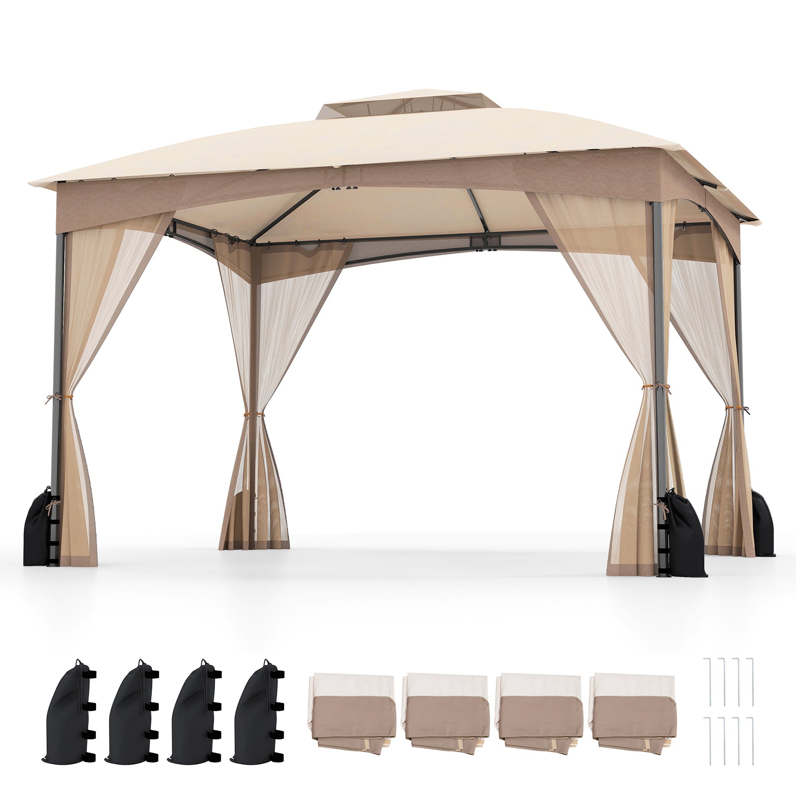 10 X 12 FT Gazebo With Netting Walls, 4 Sandbags, Khaki Gazebos Khaki at Gallery Canada