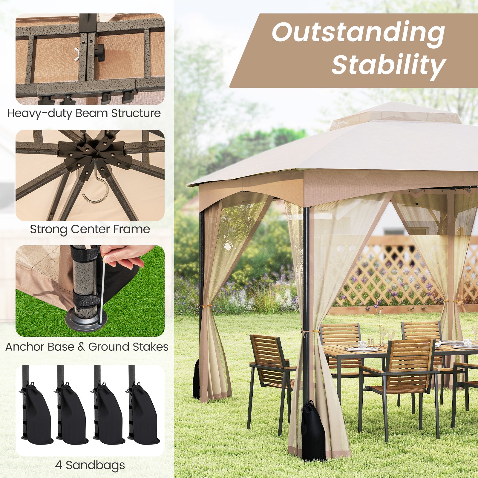 10 X 12 FT Gazebo With Netting Walls, 4 Sandbags, Khaki Gazebos at Gallery Canada