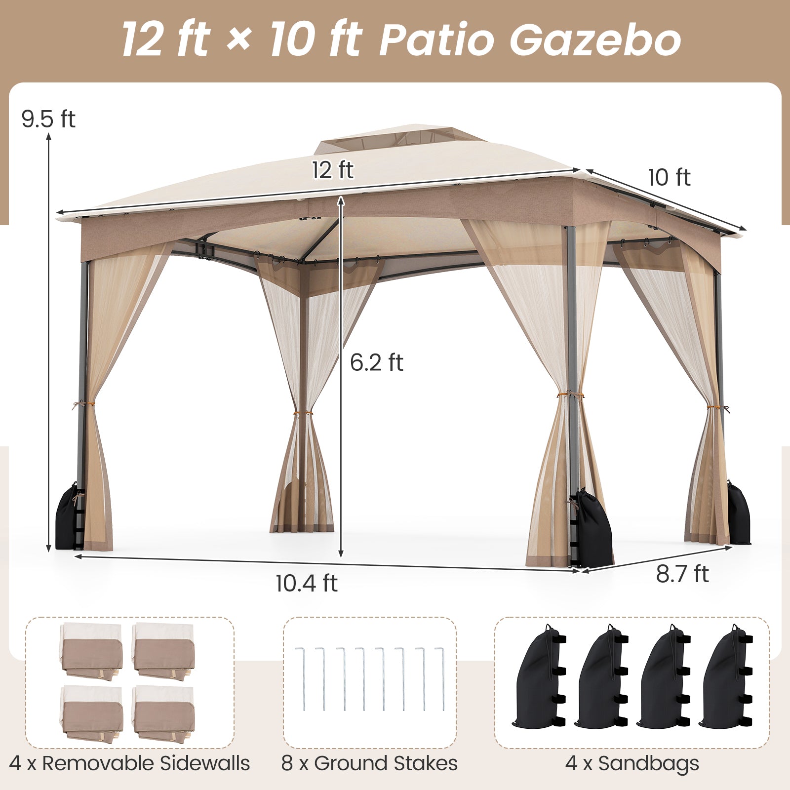 10 X 12 FT Gazebo With Netting Walls, 4 Sandbags, Khaki Gazebos at Gallery Canada