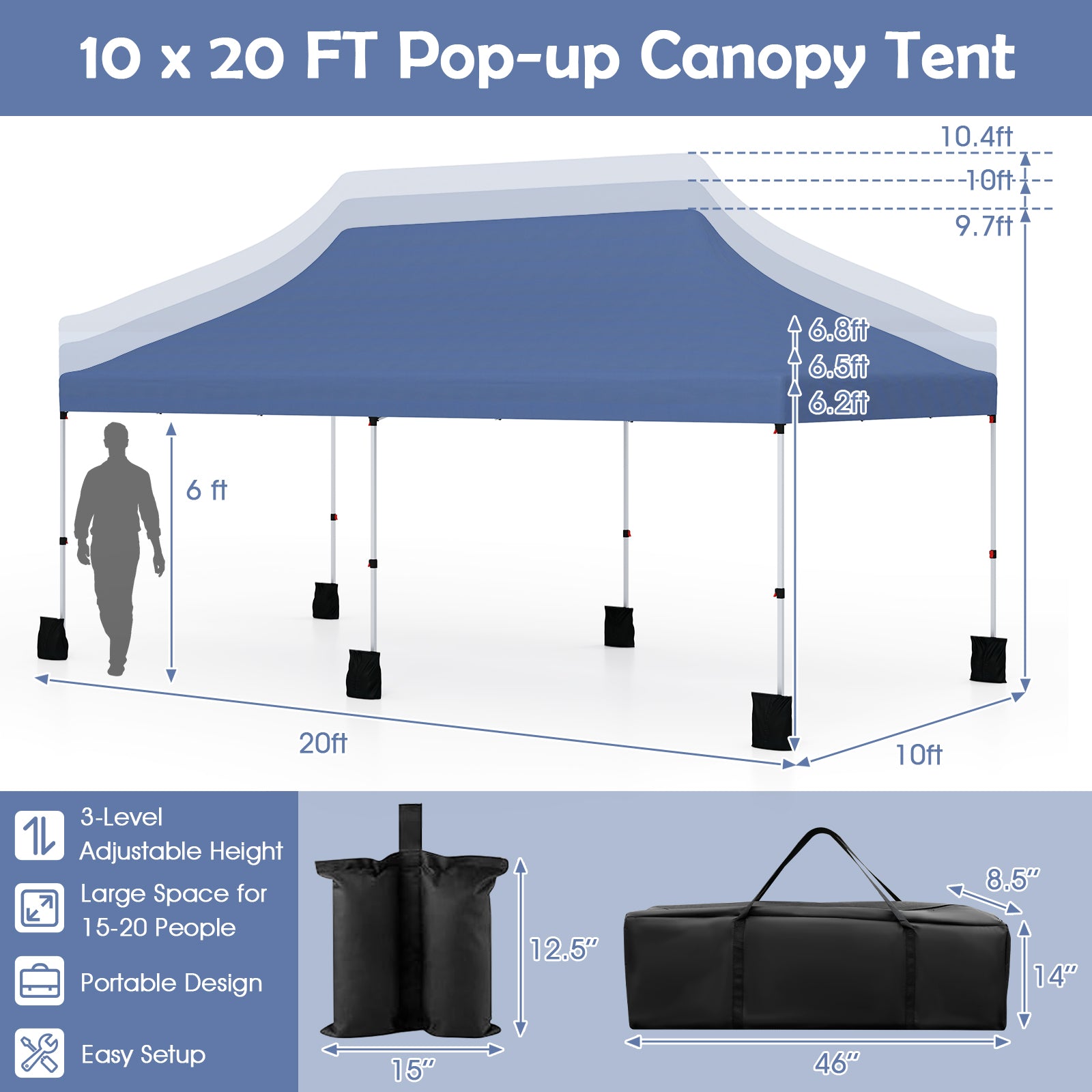 10 X 20 FT Pop Up Canopy Tent, Foldable Portable Outdoor Gazebo, Blue Canopies at Gallery Canada
