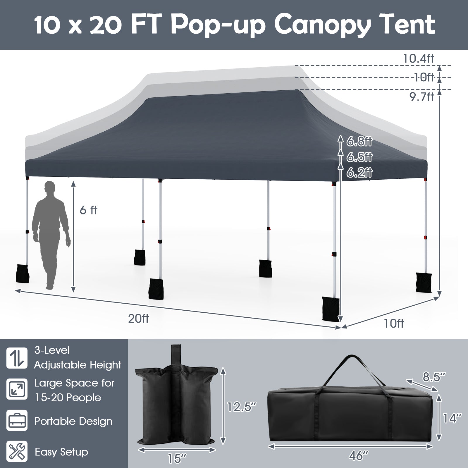 10 X 20 FT Pop up Canopy Tent Foldable Portable Outdoor Gazebo with Carry Bag, Black Canopies at Gallery Canada