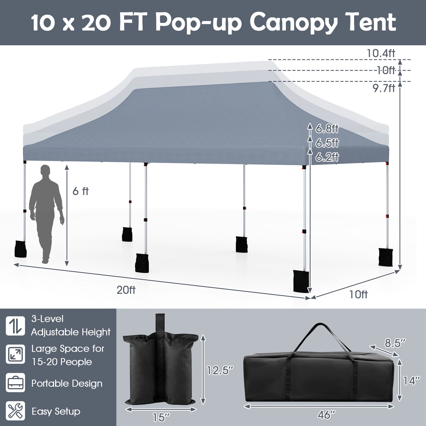 10 X 20 FT Pop up Canopy Tent Foldable Portable Outdoor Gazebo with Carry Bag, Gray Canopies at Gallery Canada