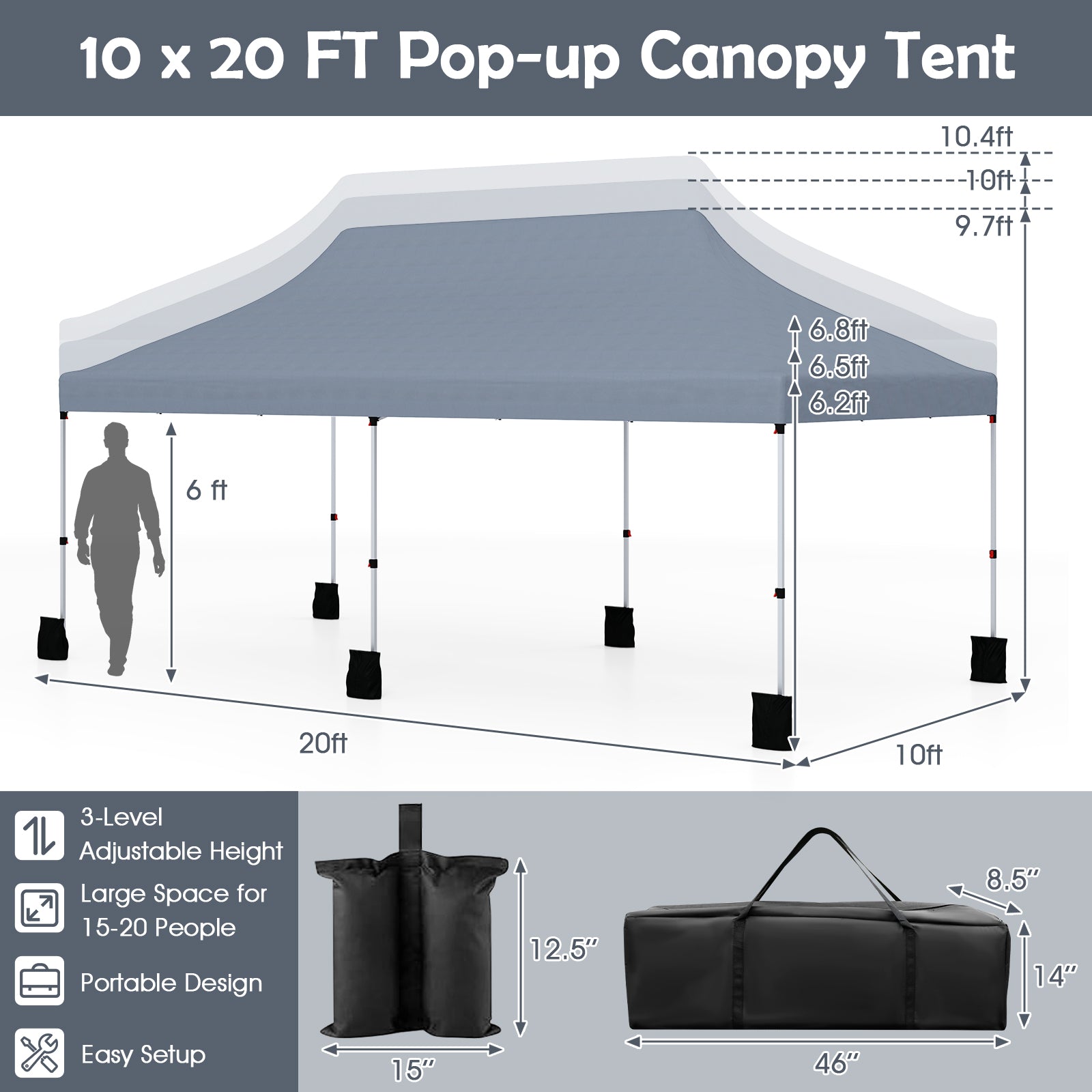 10 X 20 FT Pop up Canopy Tent Foldable Portable Outdoor Gazebo with Carry Bag, Gray Canopies at Gallery Canada