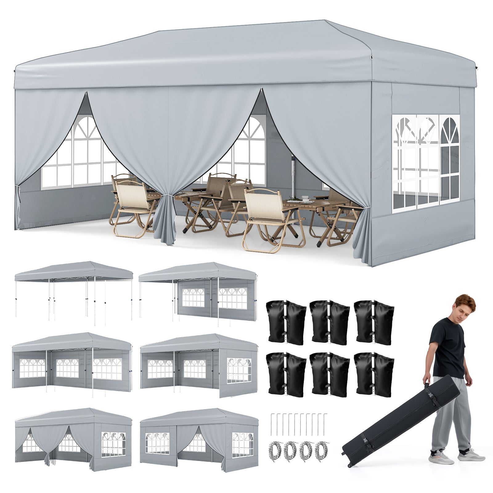 10 X 20 Feet Pop Up Canopy Tent, Instant Setup, 6 Sidewalls, Gray Canopies at Gallery Canada