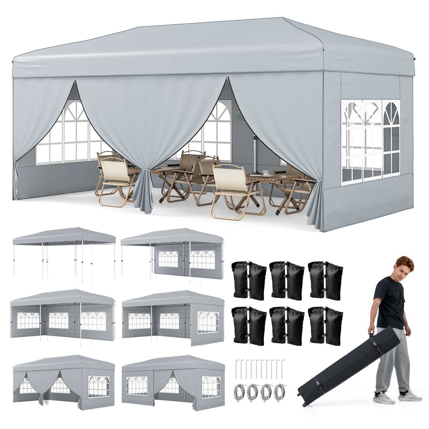 10 X 20 Feet Pop Up Canopy Tent, Instant Setup, 6 Sidewalls, Gray Canopies at Gallery Canada