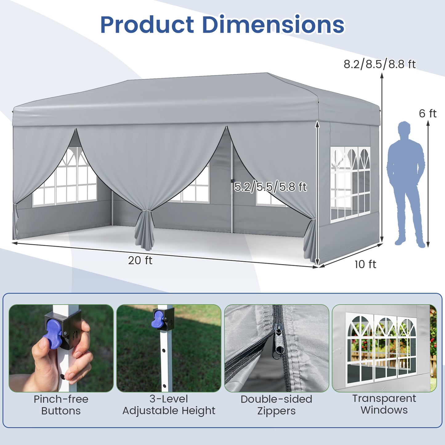 10 X 20 Feet Pop Up Canopy Tent, Instant Setup, 6 Sidewalls, Gray Canopies at Gallery Canada