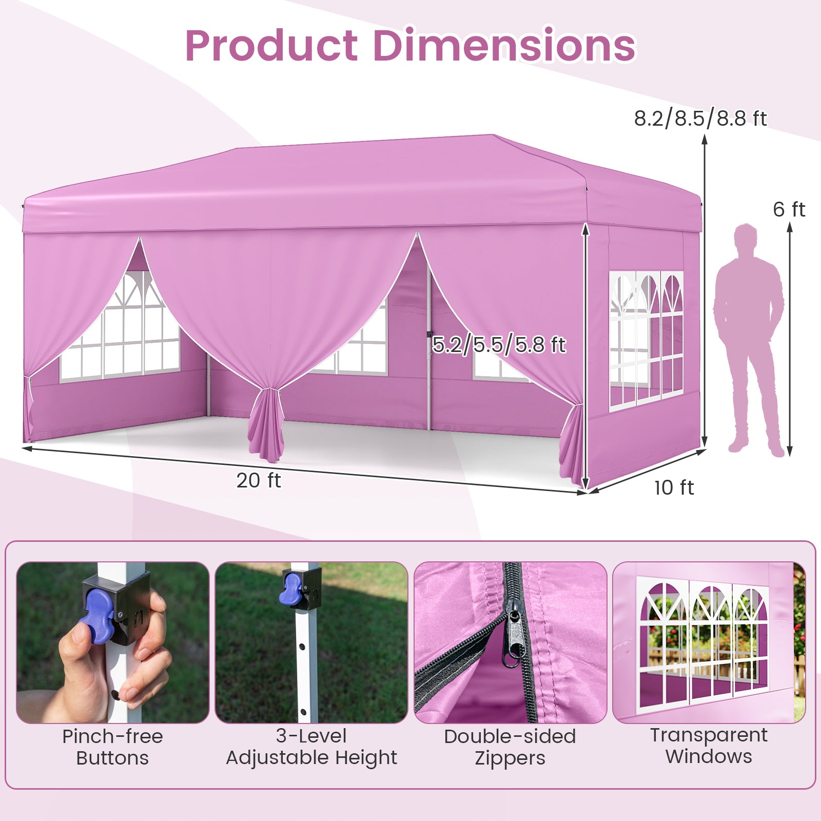 10 X 20 Feet Pop Up Canopy Tent, Instant Setup, 6 Sidewalls, Pink Canopies at Gallery Canada