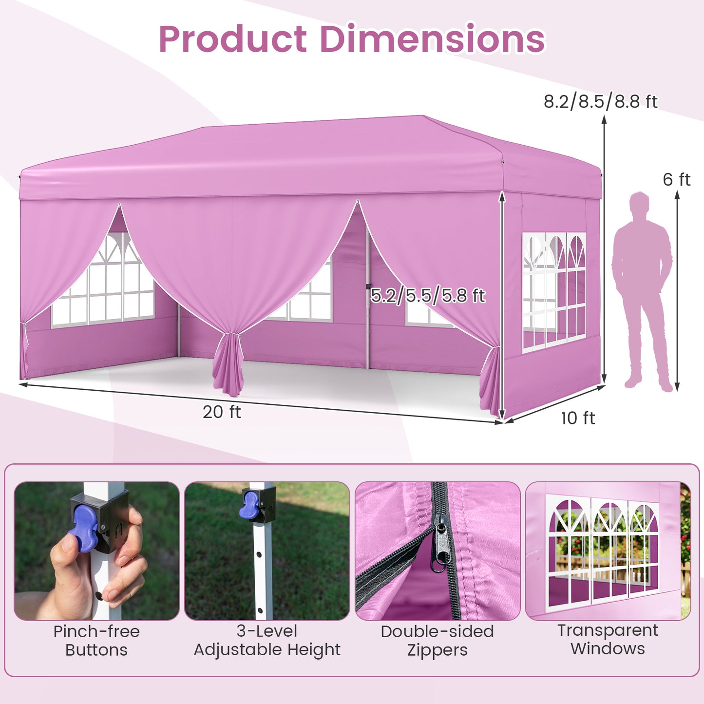 10 X 20 Feet Pop Up Canopy Tent, Instant Setup, 6 Sidewalls, Pink Canopies at Gallery Canada
