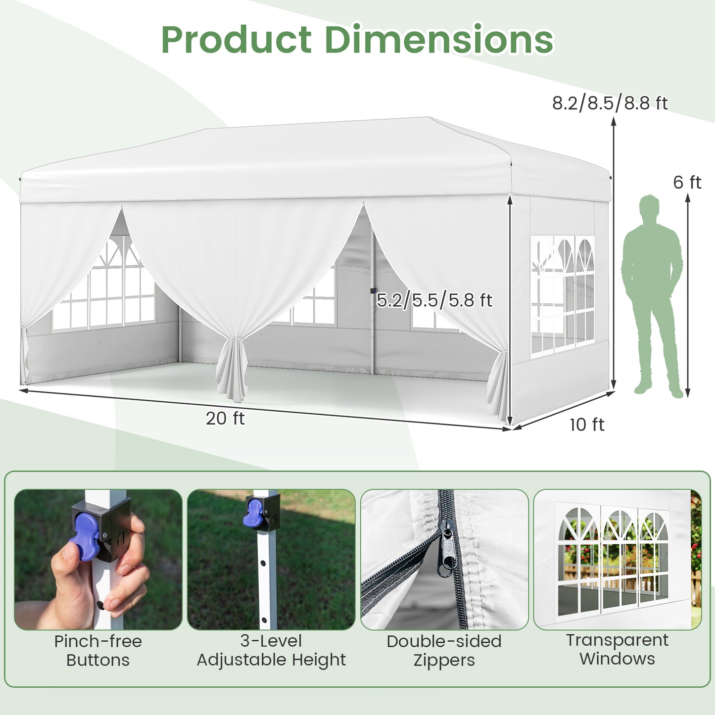 10 X 20 Feet Pop Up Canopy Tent, Instant Setup, 6 Sidewalls, White Canopies at Gallery Canada