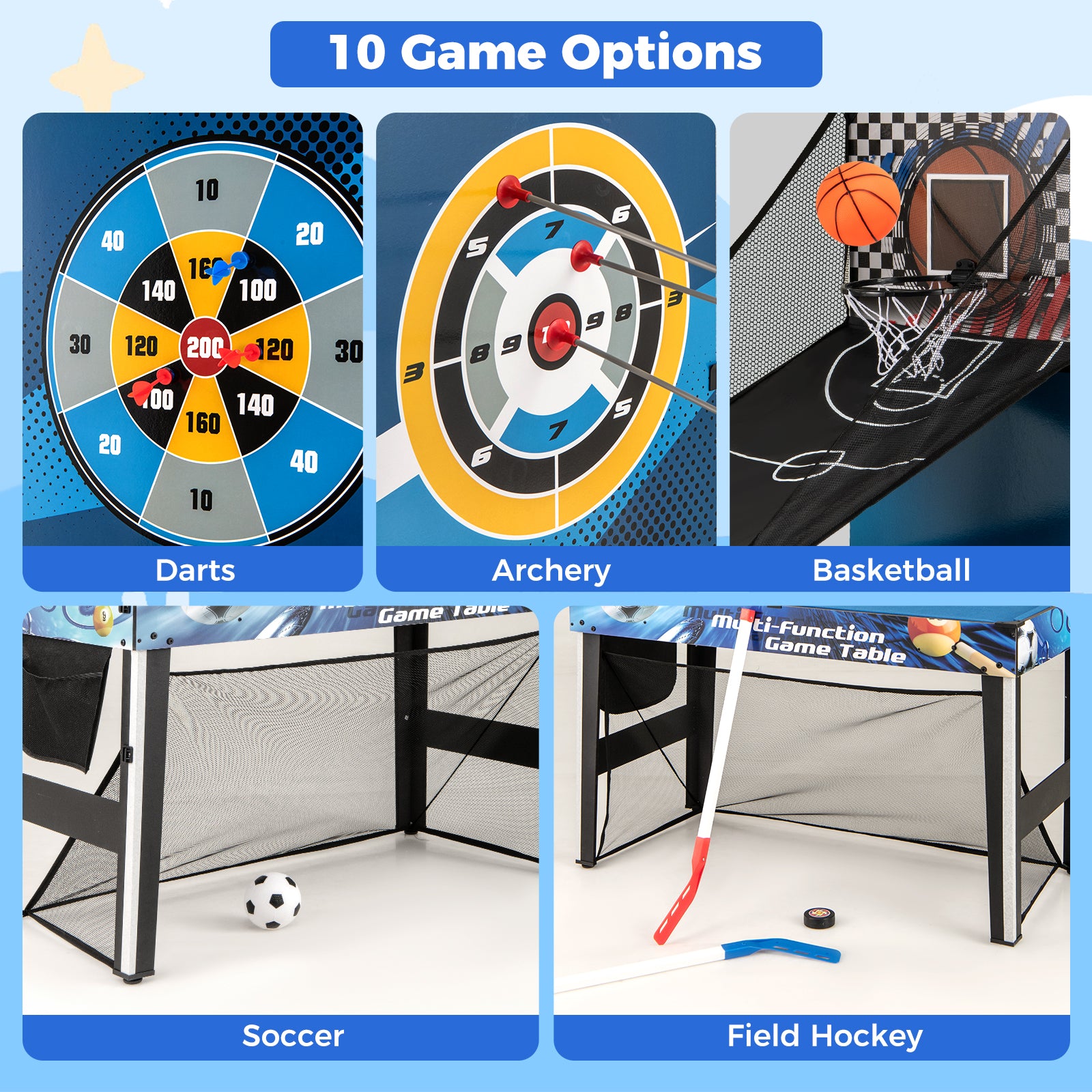 10-in-1 Combo Game Table Set with Table Tennis Basketball Soccer, Blue Game Room at Gallery Canada