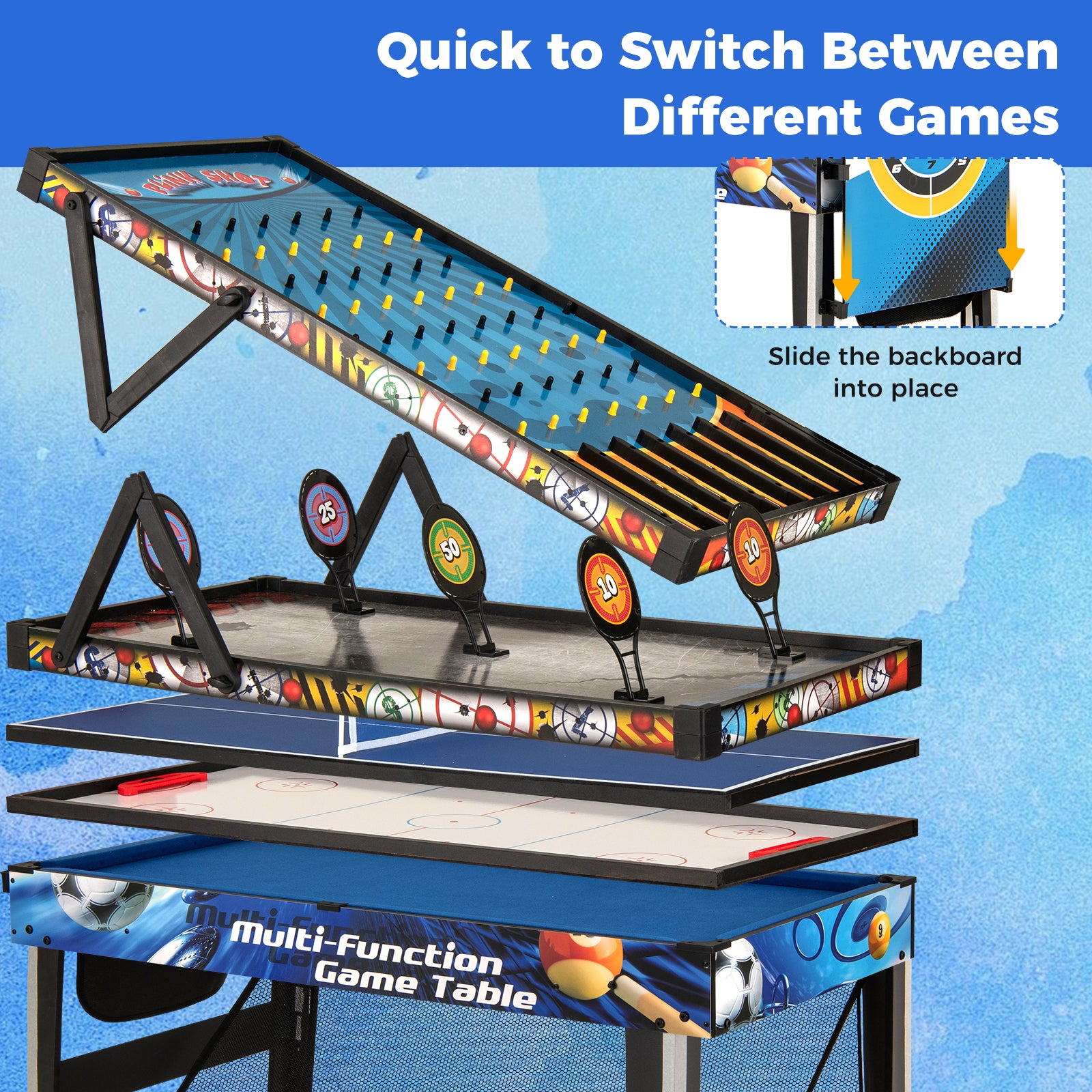 10-in-1 Combo Game Table Set with Table Tennis Basketball Soccer, Blue Game Room at Gallery Canada