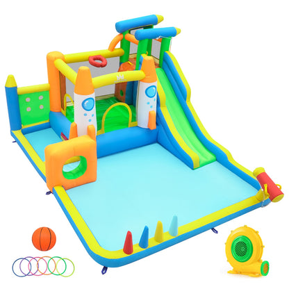 10-in-1 Inflatable Bounce House with Water Slide, 680W Blower