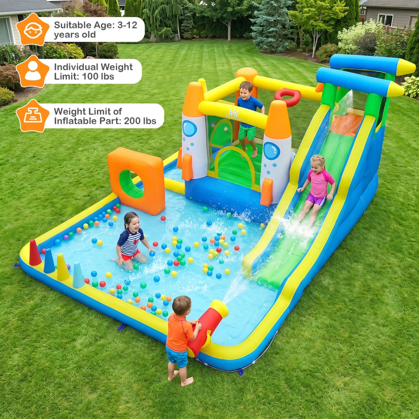 10-in-1 Inflatable Bounce House with Water Slide, 680W Blower