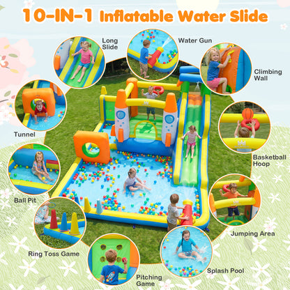 10-in-1 Inflatable Bounce House with Water Slide, 680W Blower