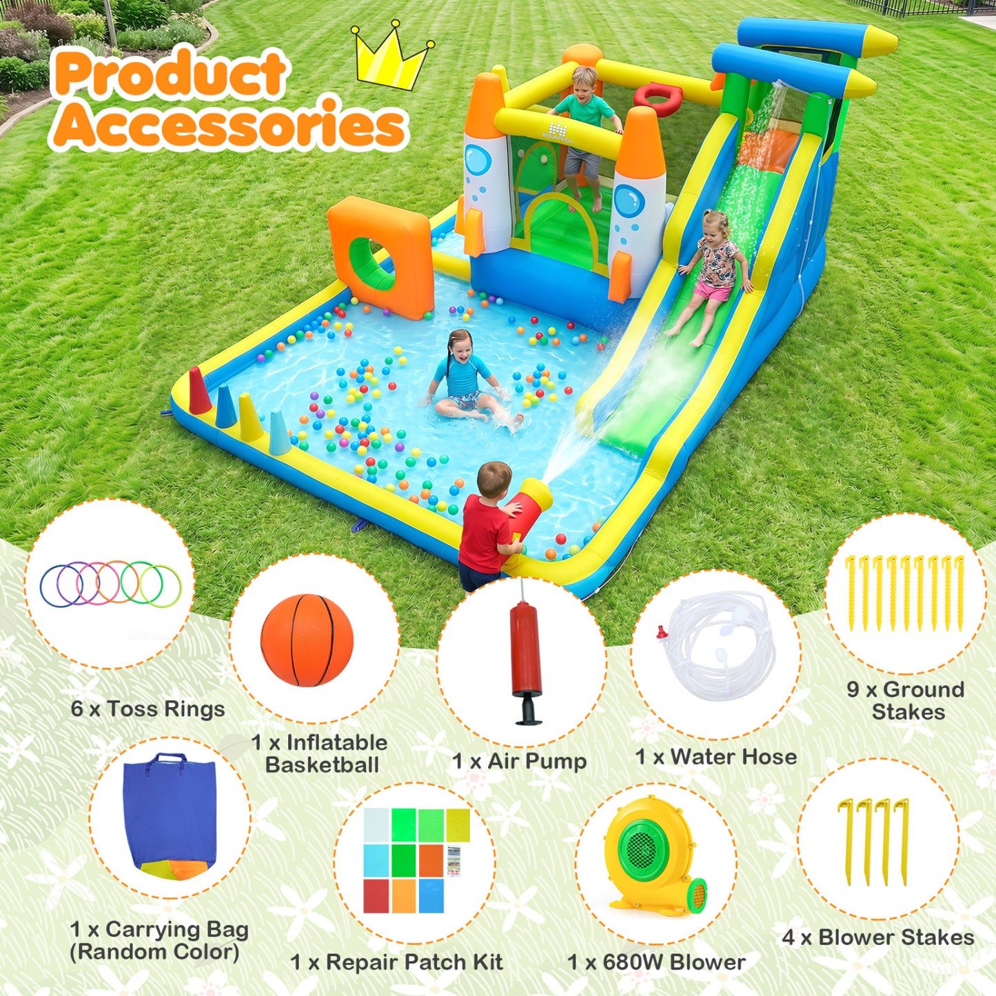 10-in-1 Inflatable Bounce House with Water Slide, 680W Blower