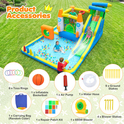10-in-1 Inflatable Bounce House with Water Slide, 680W Blower