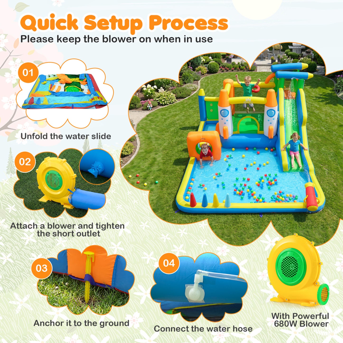 10-in-1 Inflatable Bounce House with Water Slide, 680W Blower