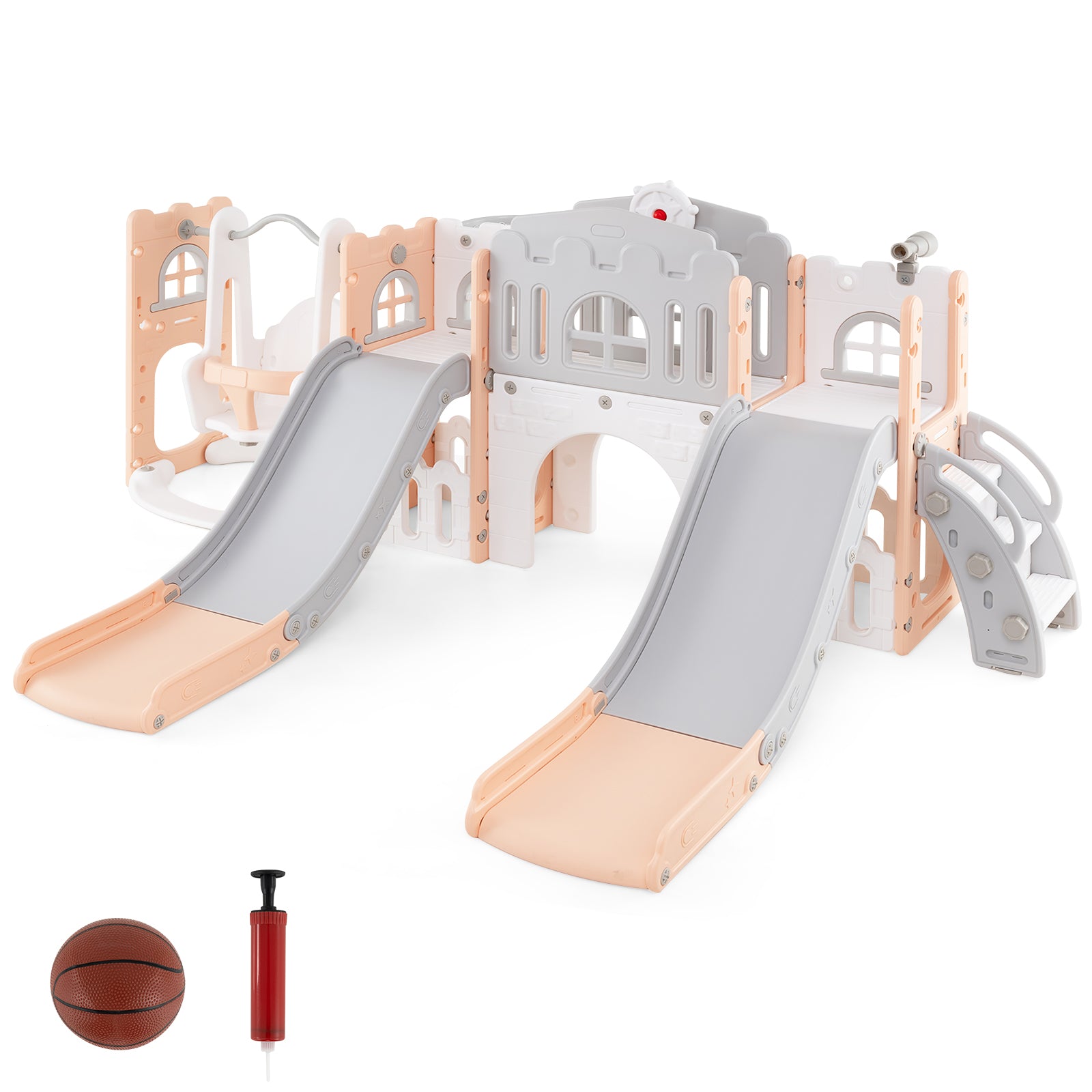 10-in-1 Toddler Slide and Swing Set with Double Slides and Tunnel, Pink Climbers & Slides at Gallery Canada
