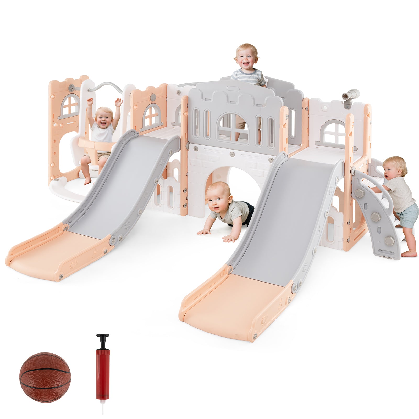 10-in-1 Toddler Slide and Swing Set with Double Slides and Tunnel, Pink Climbers & Slides at Gallery Canada