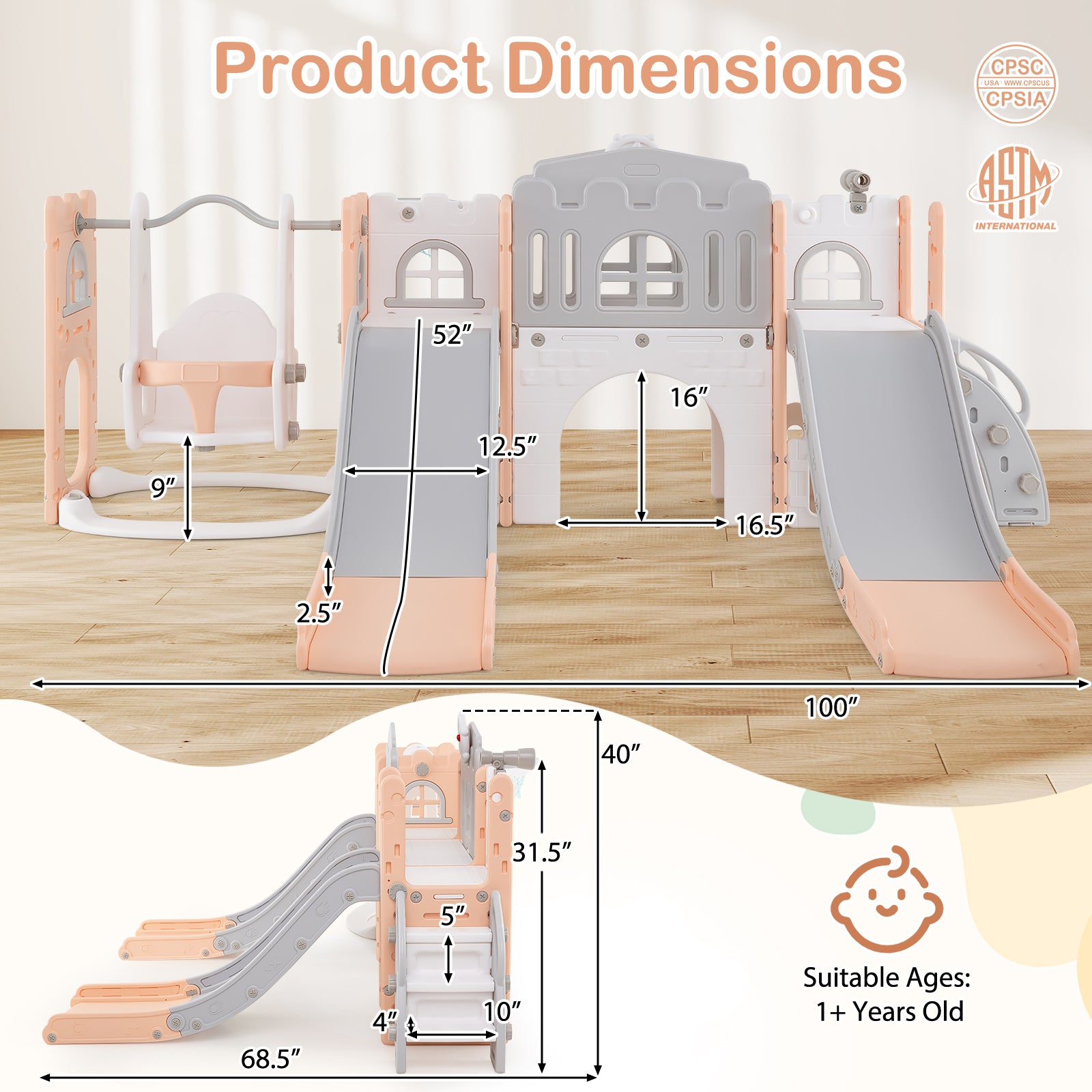 10-in-1 Toddler Slide and Swing Set with Double Slides and Tunnel, Pink Climbers & Slides at Gallery Canada