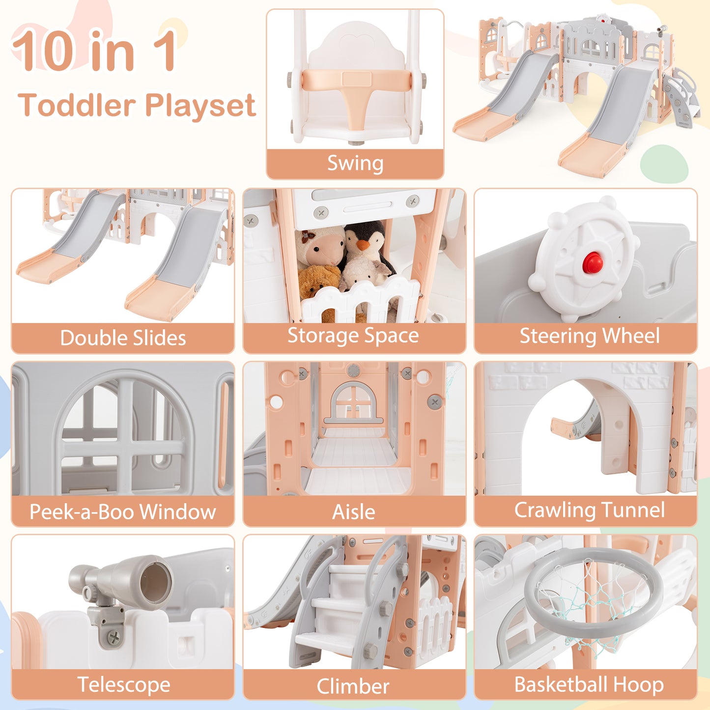 10-in-1 Toddler Slide and Swing Set with Double Slides and Tunnel, Pink Climbers & Slides at Gallery Canada