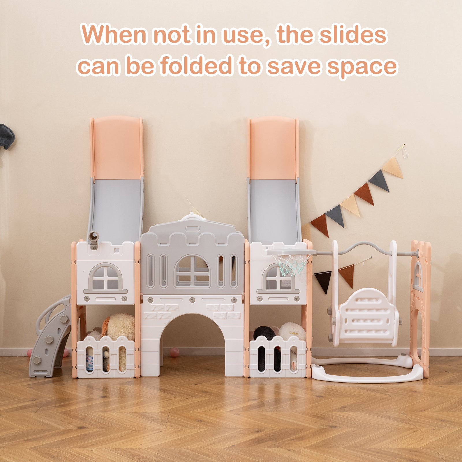 10-in-1 Toddler Slide and Swing Set with Double Slides and Tunnel, Pink Climbers & Slides at Gallery Canada