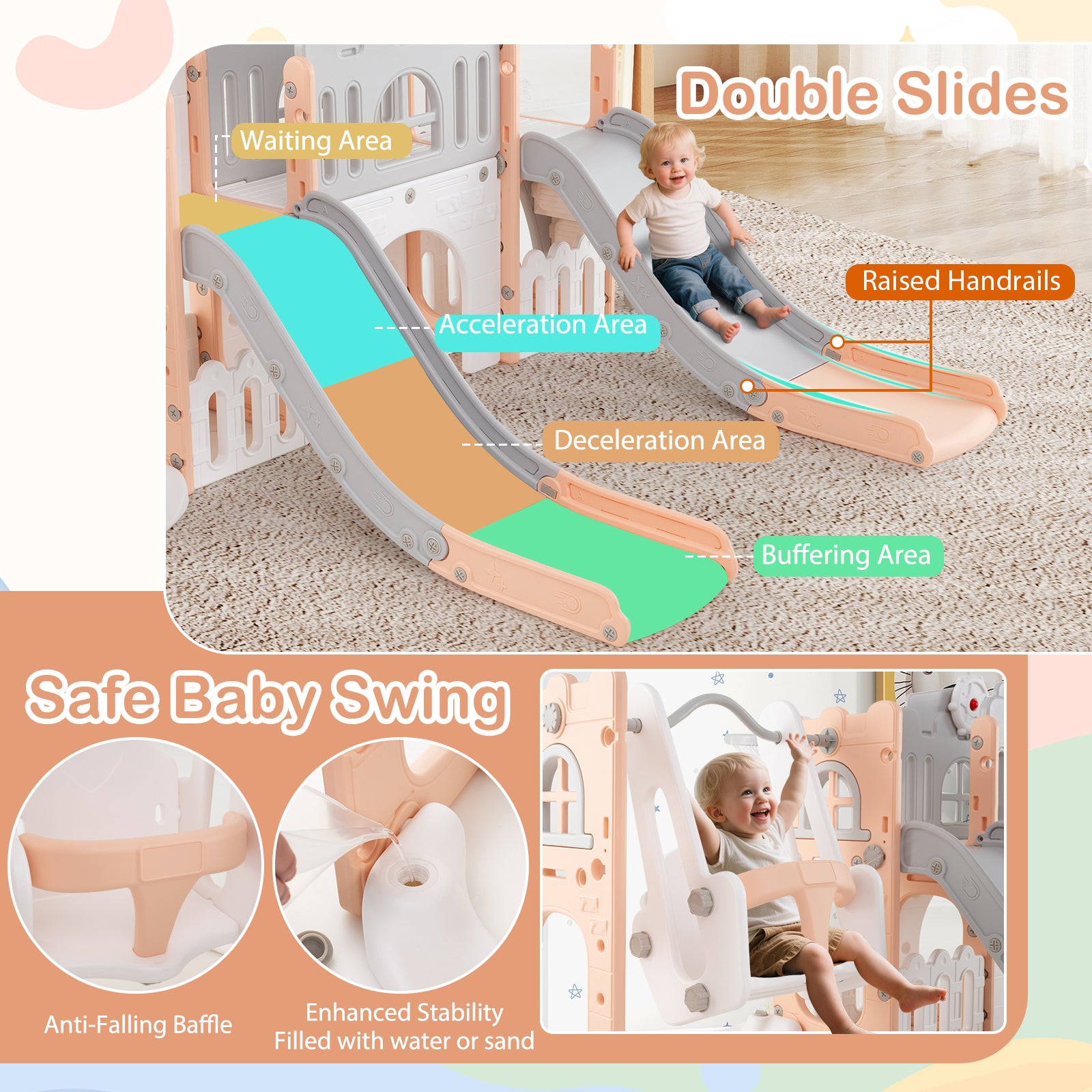 10-in-1 Toddler Slide and Swing Set with Double Slides and Tunnel, Pink Climbers & Slides at Gallery Canada