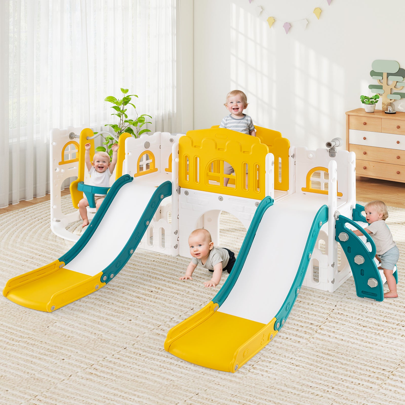 10-in-1 Toddler Slide and Swing Set with Double Slides and Tunnel, Yellow Climbers & Slides at Gallery Canada