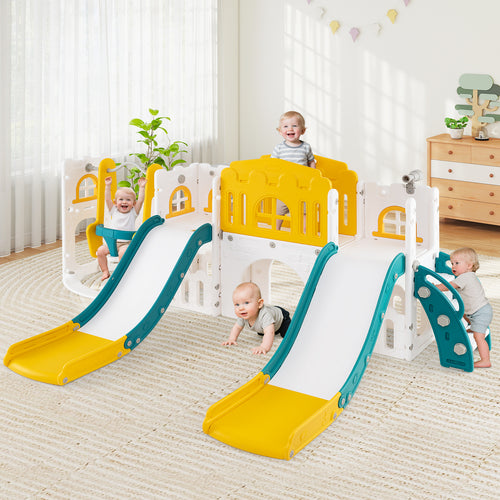 10-in-1 Toddler Slide and Swing Set with Double Slides and Tunnel, Yellow
