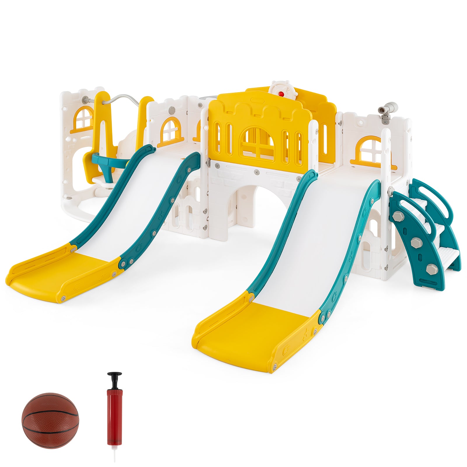 10-in-1 Toddler Slide and Swing Set with Double Slides and Tunnel, Yellow Climbers & Slides at Gallery Canada