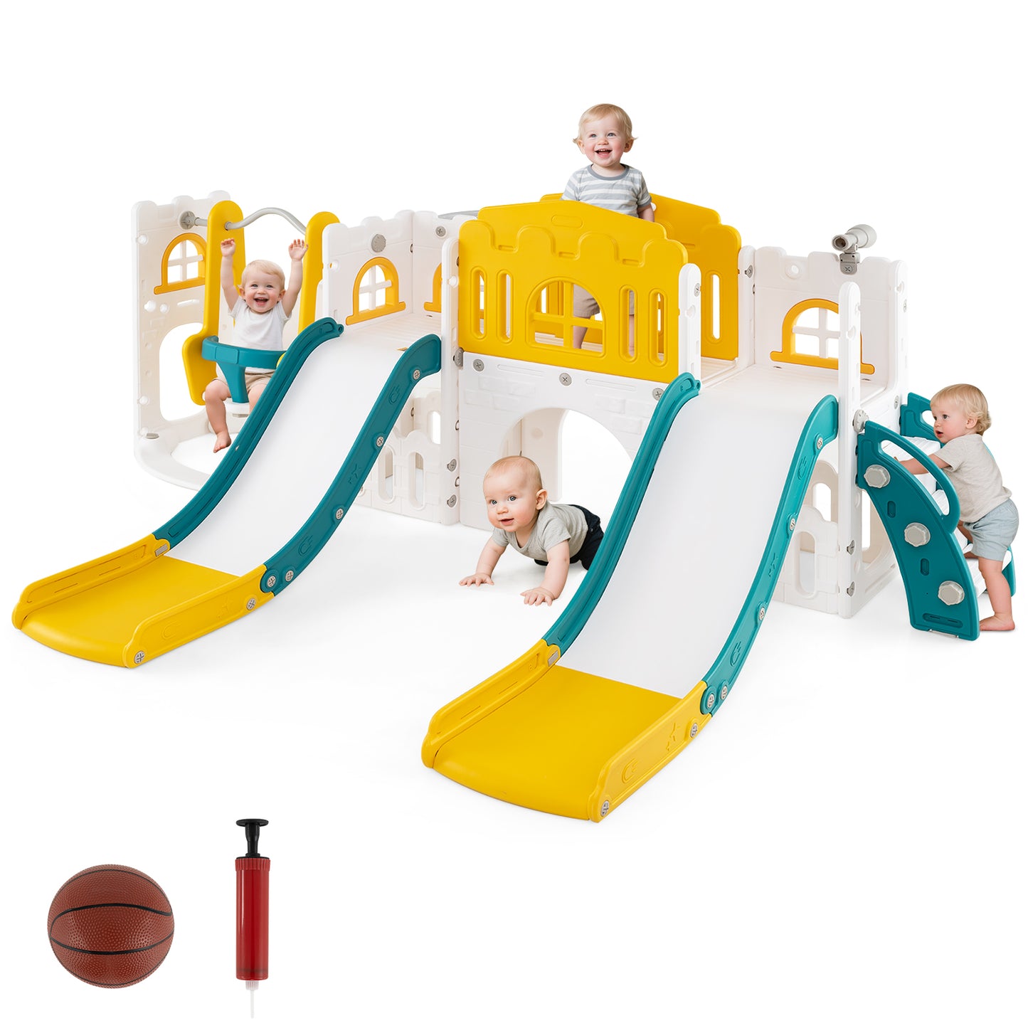 10-in-1 Toddler Slide and Swing Set with Double Slides and Tunnel, Yellow Climbers & Slides at Gallery Canada