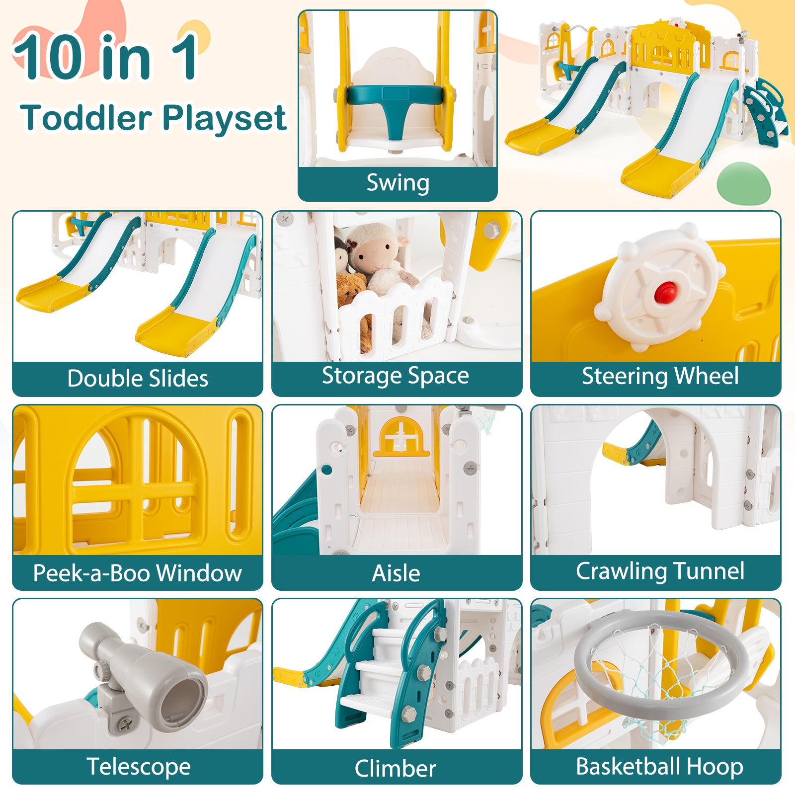10-in-1 Toddler Slide and Swing Set with Double Slides and Tunnel, Yellow Climbers & Slides at Gallery Canada