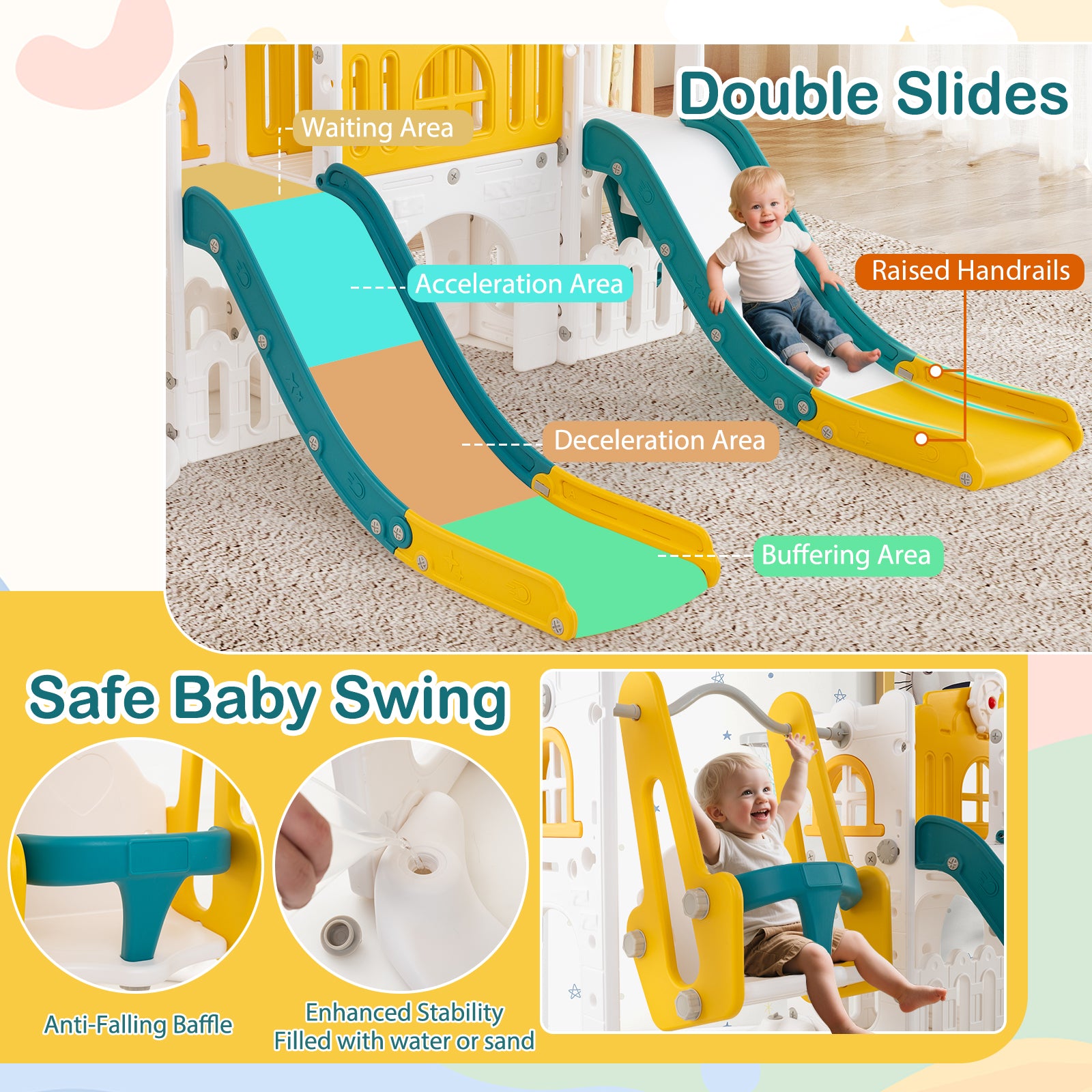 10-in-1 Toddler Slide and Swing Set with Double Slides and Tunnel, Yellow Climbers & Slides at Gallery Canada