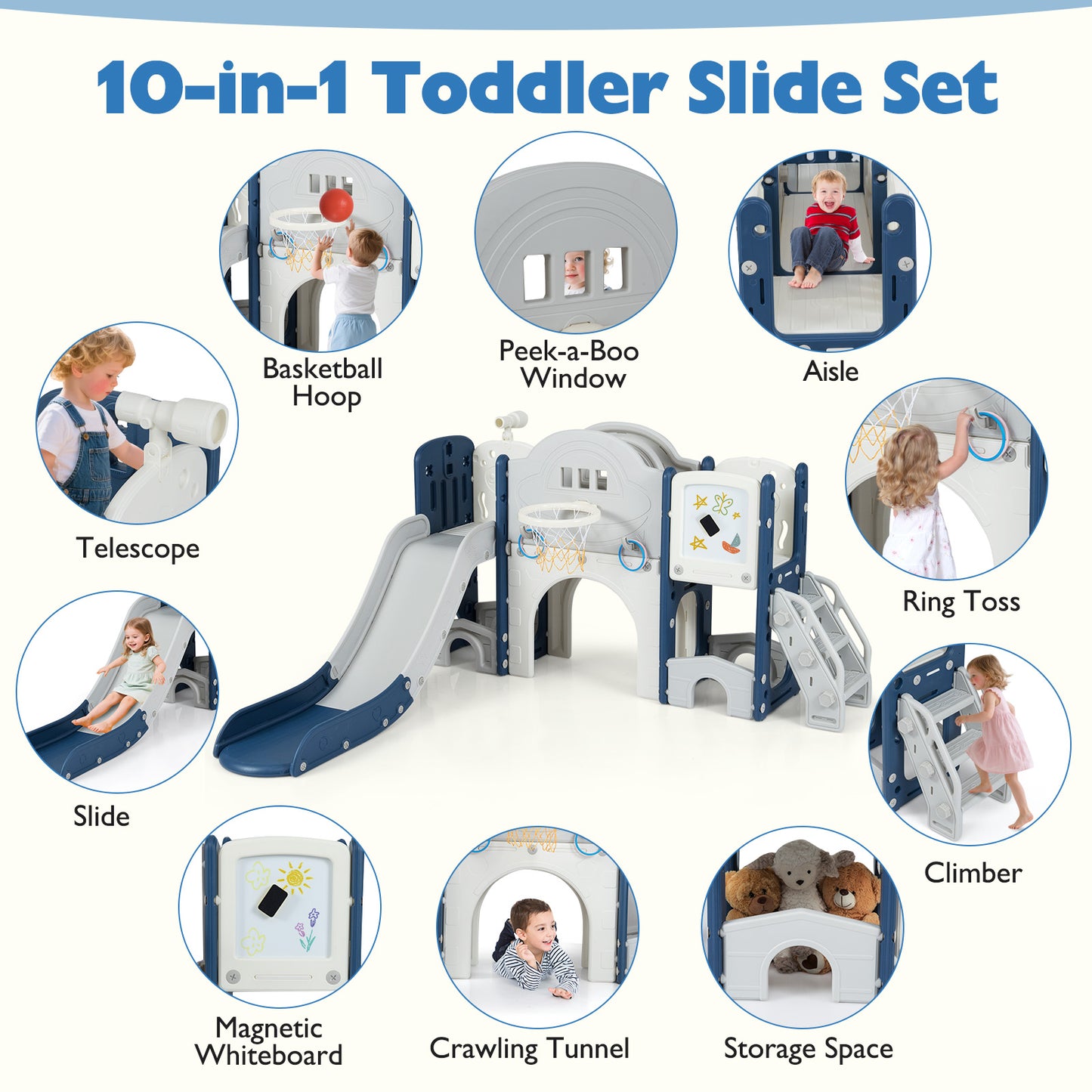 10 In 1 Toddler Slide Climber Playset, Indoor Playground, Blue Climbers & Slides at Gallery Canada