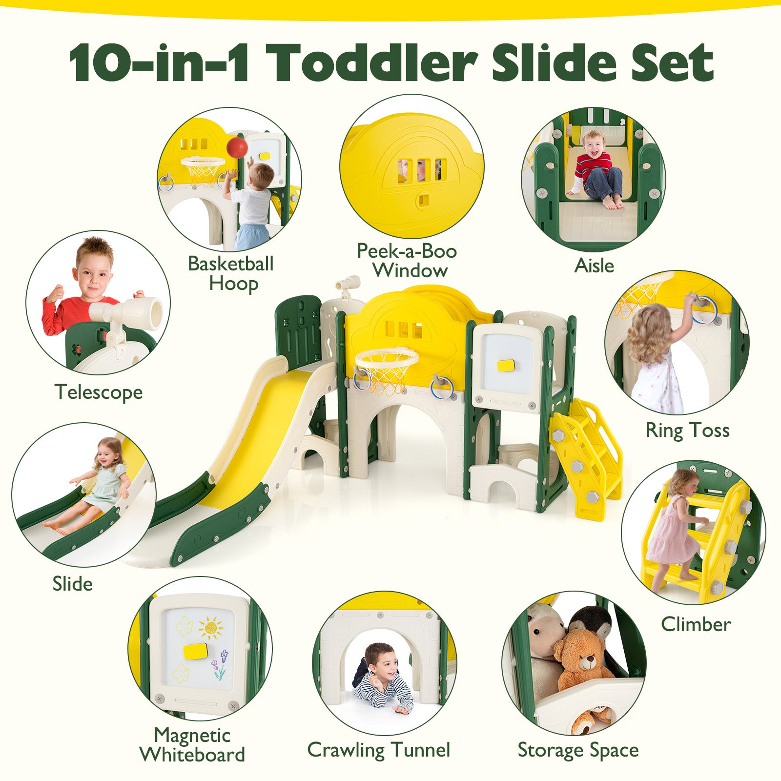 10 in 1 Toddler Slide Set Kids Slide and Climber Playset Indoor Playground, Yellow Climbers & Slides at Gallery Canada