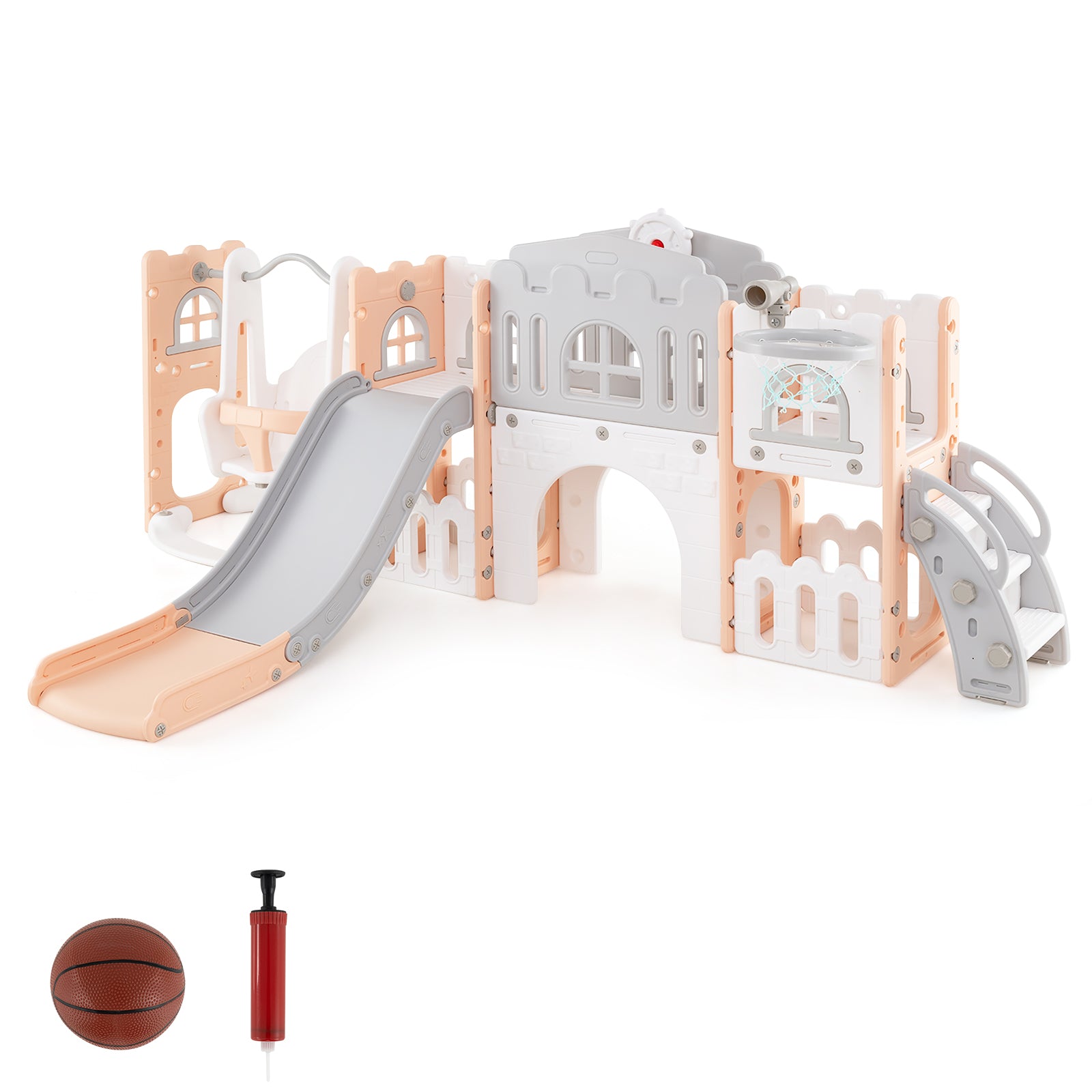 10-in-1 Toddler Swing and Slide Set Climber Playset with Basketball Hoop, Pink Climbers & Slides Pink at Gallery Canada