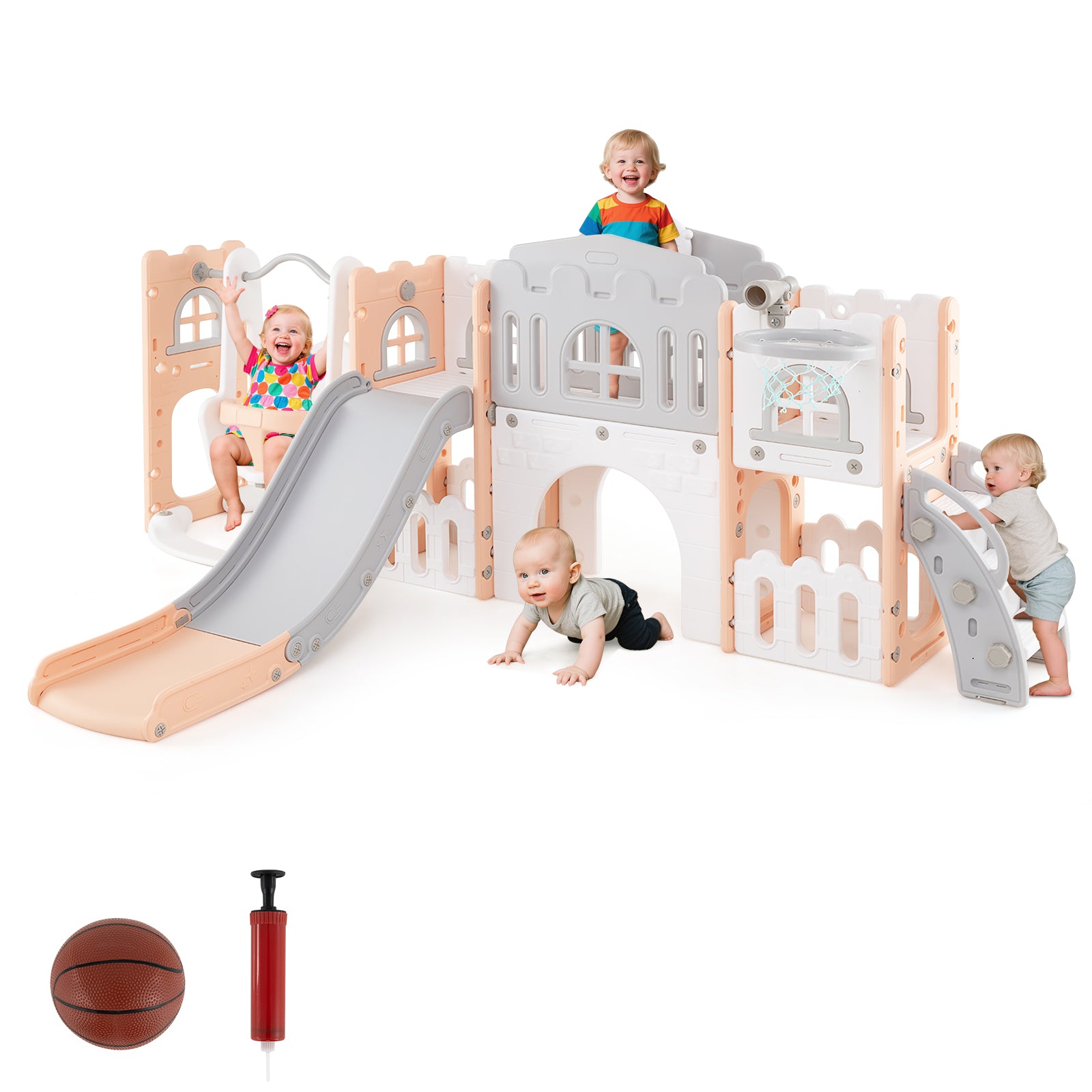 10-in-1 Toddler Swing and Slide Set Climber Playset with Basketball Hoop, Pink Climbers & Slides at Gallery Canada