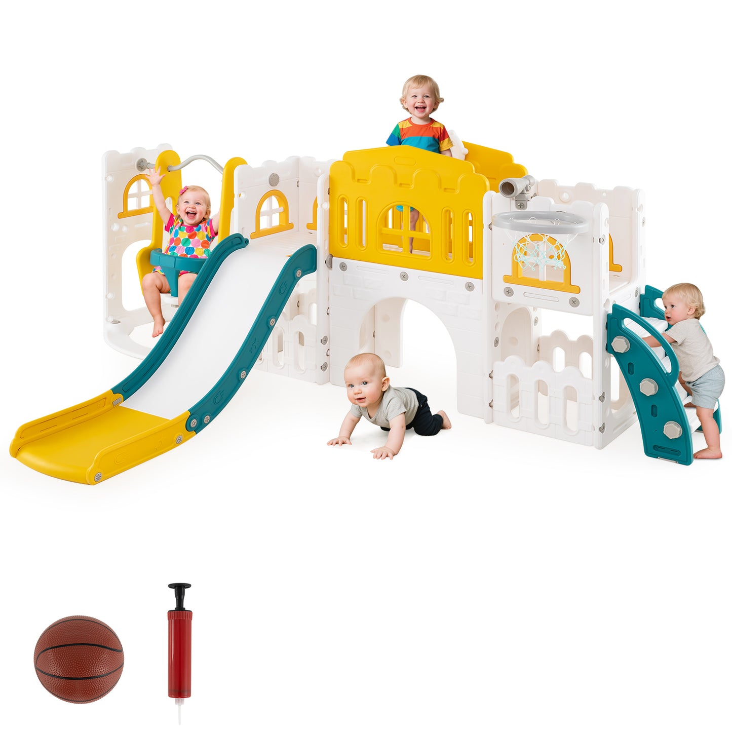 10-in-1 Toddler Swing and Slide Set Climber Playset with Basketball Hoop, Yellow Climbers & Slides at Gallery Canada