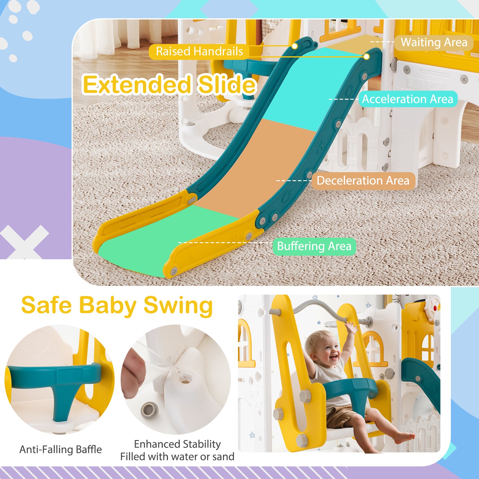 10-in-1 Toddler Swing and Slide Set Climber Playset with Basketball Hoop, Yellow Climbers & Slides at Gallery Canada