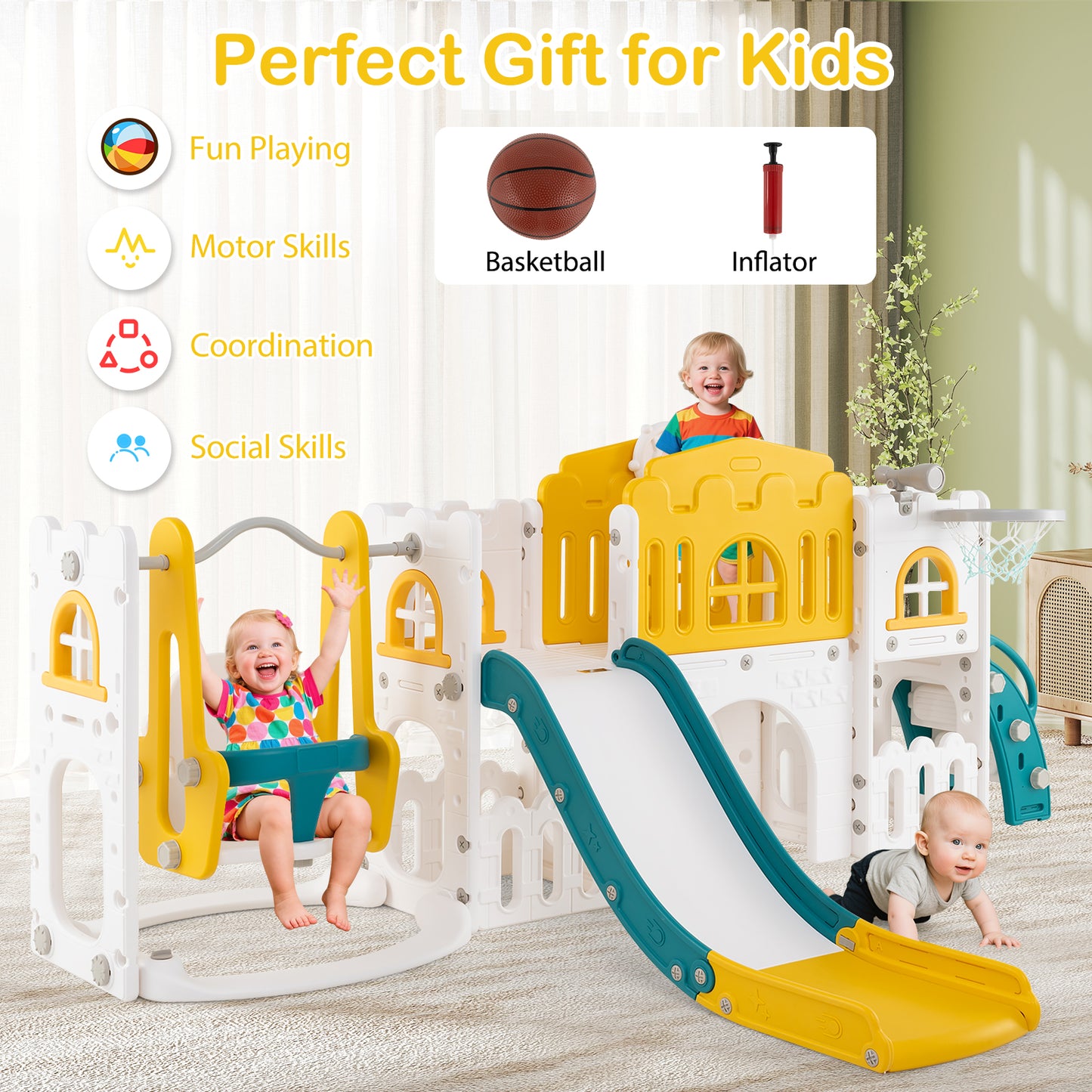 10-in-1 Toddler Swing and Slide Set Climber Playset with Basketball Hoop, Yellow Climbers & Slides at Gallery Canada