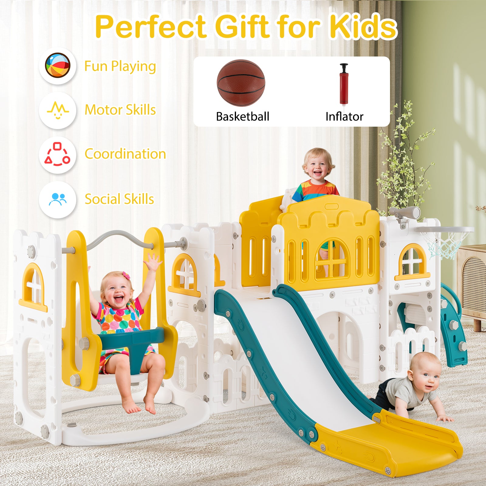 10-in-1 Toddler Swing and Slide Set Climber Playset with Basketball Hoop, Yellow Climbers & Slides at Gallery Canada