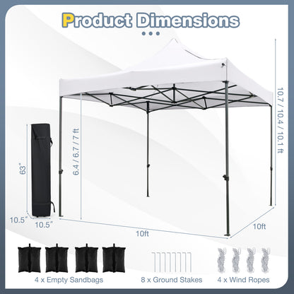 10 x 10 FT Outdoor Pop up Canopy Tent Easy Setup Gazebo Shelter with Wheeled Bag, White