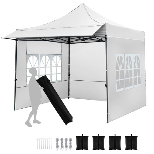 10 x 10 FT Pop Up Canopy Tent With Sidewalls, Awning, White