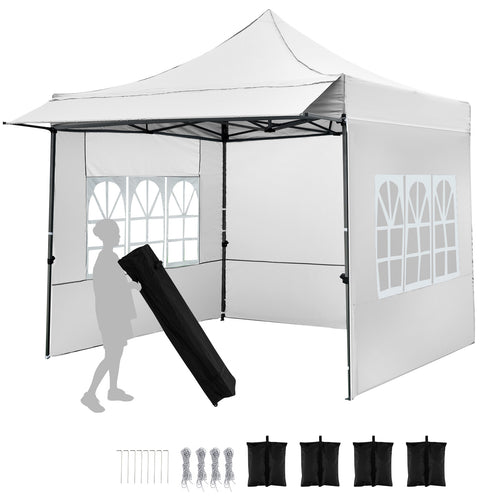 10 x 10 FT Pop Up Canopy Tent With Sidewalls, Awning, White