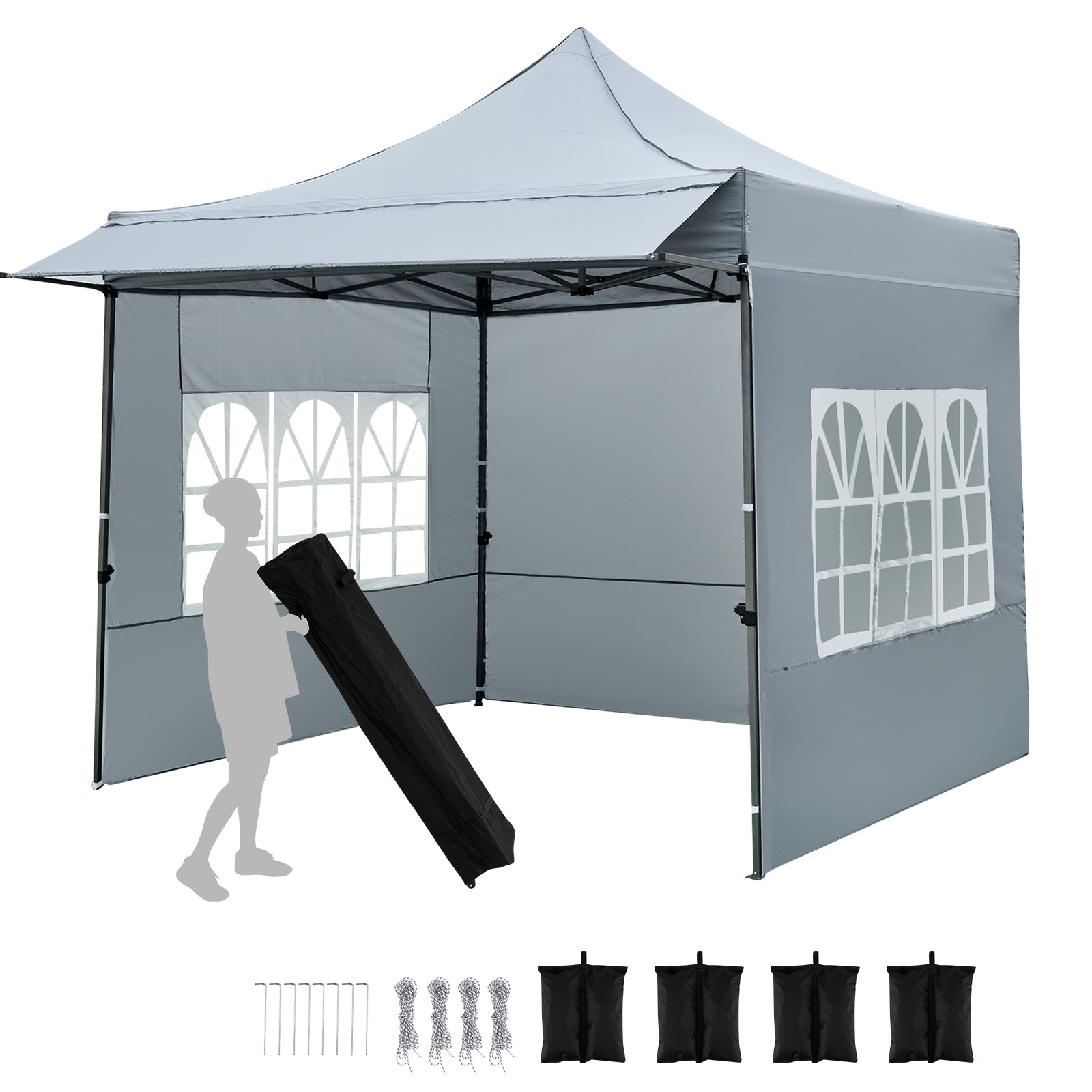 10 x 10 FT Pop Up Canopy Tent With Sidewalls, Awning, Gray Canopies Gray at Gallery Canada
