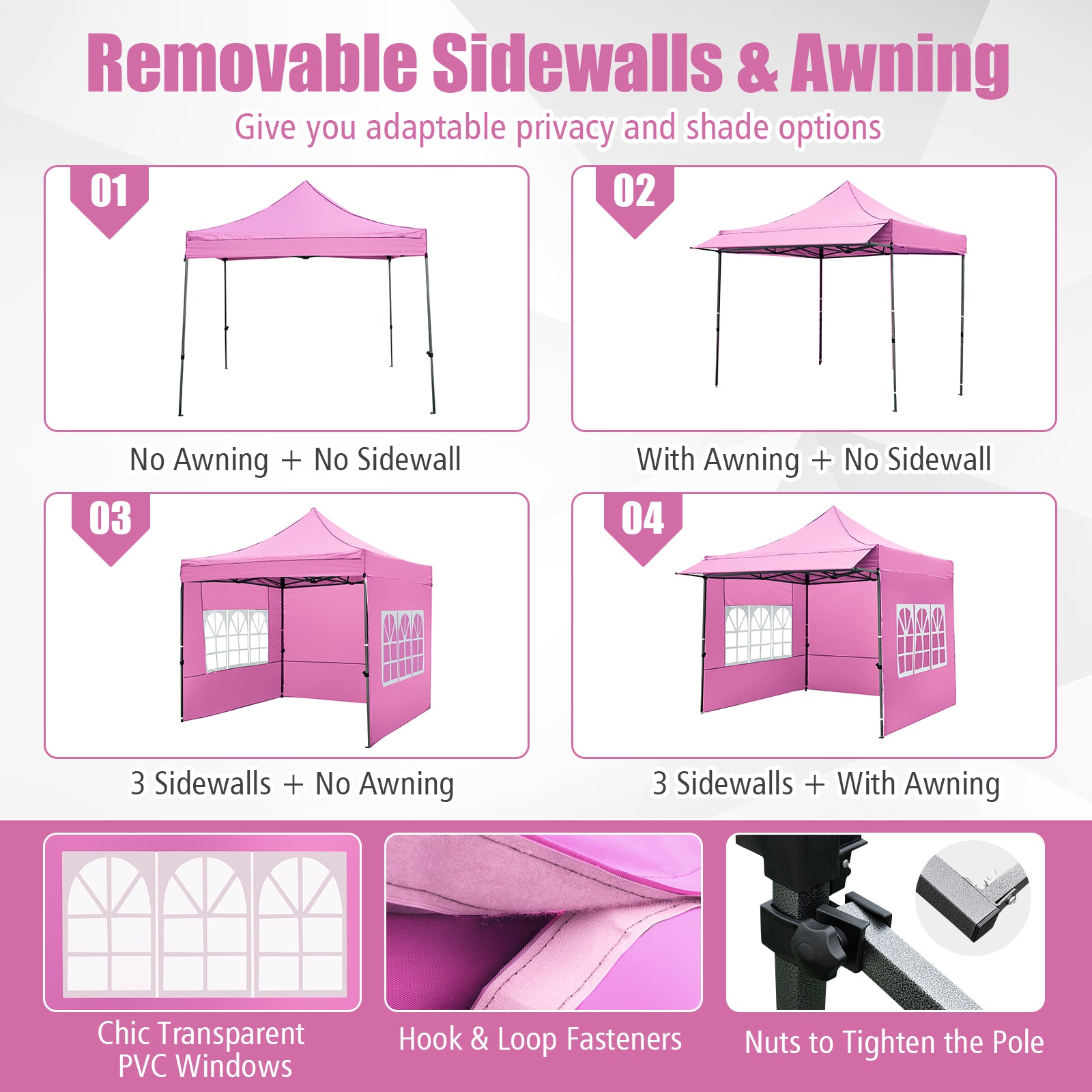 10 x 10 FT Pop Up Canopy Tent With Sidewalls, Awning, Pink Canopies at Gallery Canada