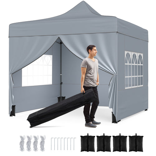 10 x 10 FT Pop Up Canopy Tent, 4 Removable Sidewalls, Wheeled Bag, Gray